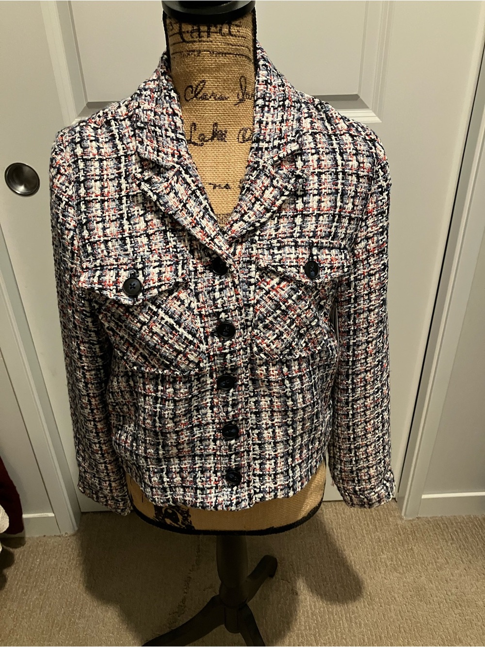 Liverpool Jeans Company Cropped Tweed Blazer in Navy, White & Pink